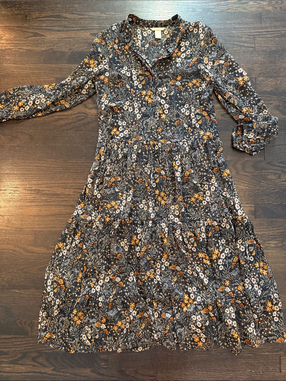 ZARA Sheer Floral Tiered Long-Sleeve Midi Dress in Black and Mustard